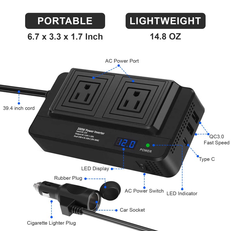 Outdoor Power Adapter Usb C - Przetwornica mocy samochodowa 200W z gniazdem
